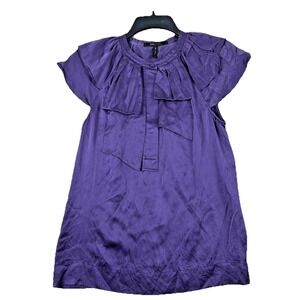 BCBGMAXAZRIA 100% Silk Ruffle Blouse M Purple Flutter Sleeve Minimalist Feminine